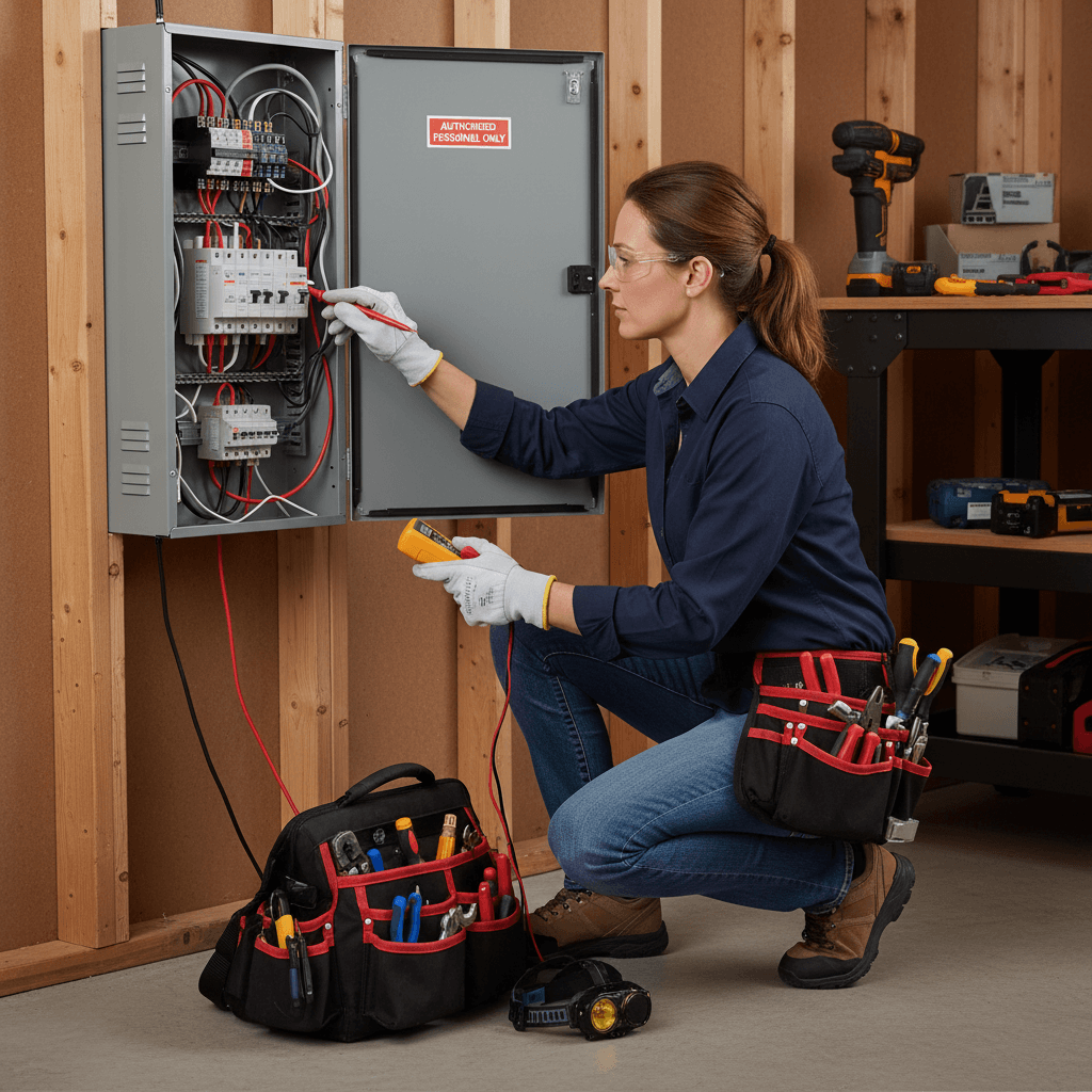 Electrician inspecting a breaker panel